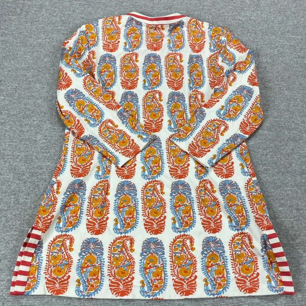 J.McLaughlin Catalina Cloth‎ Paisley Henley Tunic Top Orange Blue Striped Trim M